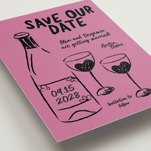 This is a pretty in pink petite save the dates with standard by Helena Vitto called heart of glass printing on signature in petite