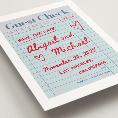 This is a mint petite save the dates with standard by Jennifer Lew called guest check printing on signature in petite
