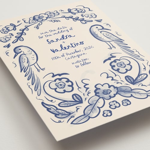 This is a marseille blue petite save the dates with standard by Ani Somi called santa catalina printing on signature in petite