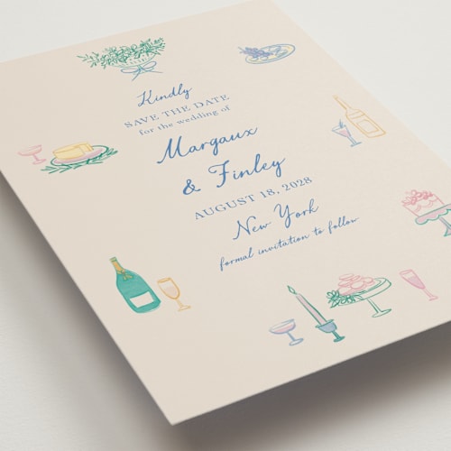 This is a pastel petite save the dates with standard by Elly called dining printing on magnet paper in petite