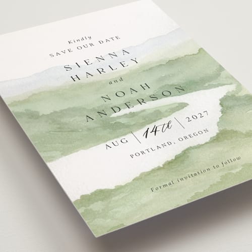 This is a meadow petite save the dates with standard by Elly called the vow printing on signature in petite