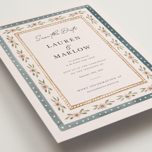 This is a sea petite save the dates with standard by leslie hamer called americana printing on signature in petite