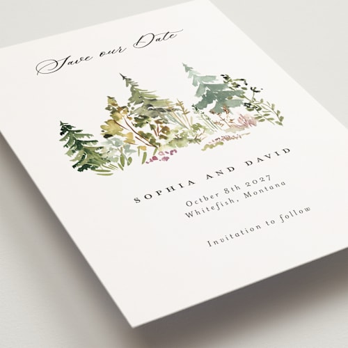 This is a forest petite save the dates with standard by Petra Kern called great outdoors printing on signature in petite