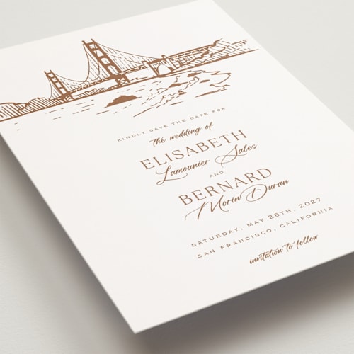 This is a champagne petite save the dates with standard by Sherley Ferreira called san francisco printing on signature in petite