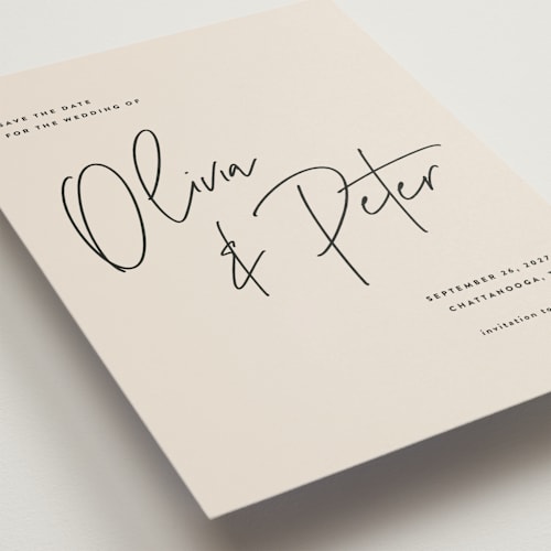 This is a champagne petite save the dates with standard by JoAnn Jinks called signed printing on signature in petite