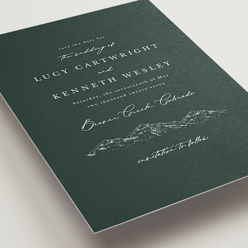 This is a evergreen petite save the dates with standard by Sarah Brown called mountainview printing on signature in petite