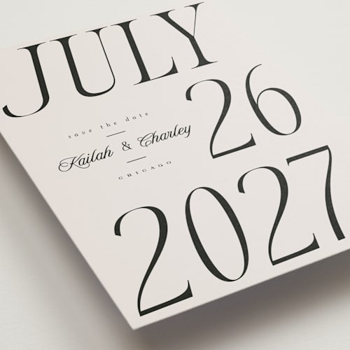 This is a ivory petite save the dates with standard by Melanie Kosuge called grand printing on signature in petite
