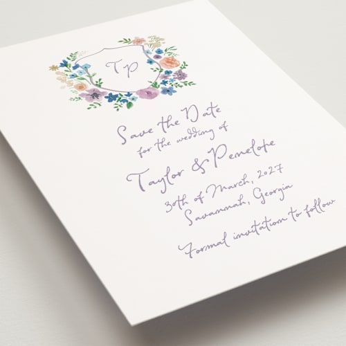 This is a lavender petite save the dates with standard by Cass Loh called wildflowers crest printing on signature in petite
