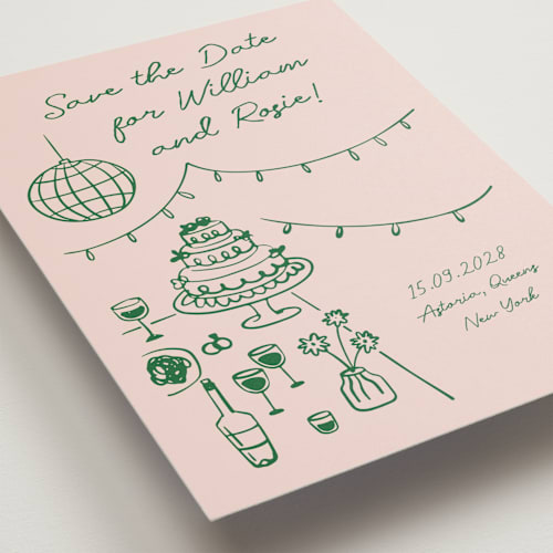 This is a verdant petite save the dates with standard by Zove Ahhh called party on! printing on signature in petite