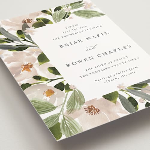 This is a cream petite save the dates with standard by Angela Marzuki called petal toss printing on signature in petite
