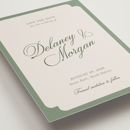 This is a olive petite save the dates with standard by Cass Loh called classic bold border printing on signature in petite