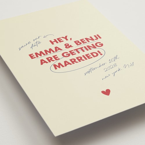This is a latte petite save the dates with standard by Helena Vitto called love note printing on signature in petite