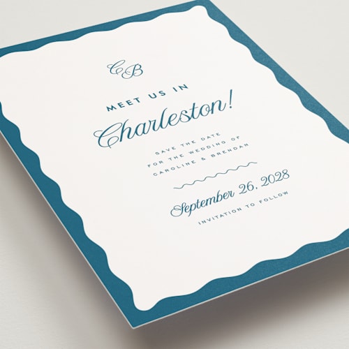 This is a ocean petite save the dates with standard by Kelly Schmidt called meet us printing on signature in petite
