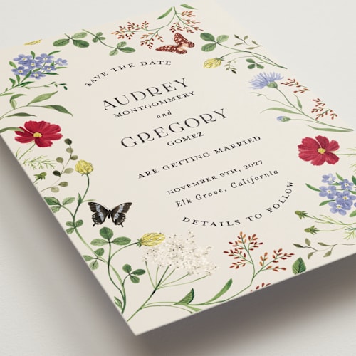 This is a elder flower petite save the dates with standard by Sarah Knight called wild meadow printing on signature in petite