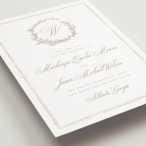 This is a chantilly petite save the dates with standard by Wildfield Paper Co called romantic wreath printing on signature in petite