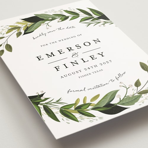 This is a fern petite save the dates with standard by Susan Moyal called vines of green printing on signature in petite
