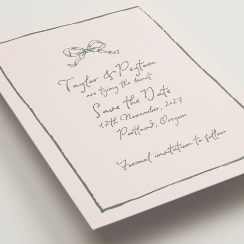 This is a moss petite save the dates with standard by Cass Loh called ribbon bow drawing printing on signature in petite