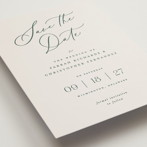 This is a evergreen petite save the dates with standard by Hooray Creative called beautifully scripted printing on signature in petite