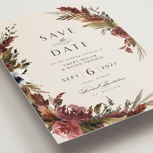 This is a autumn petite save the dates with standard by Kate Ahn called poetique printing on signature in petite