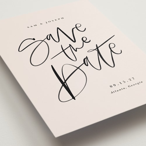 This is a cream petite save the dates with standard by Kristen Smith called brushpen printing on signature in petite