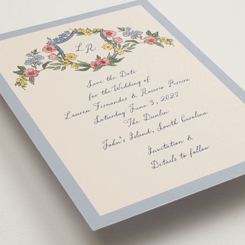 This is a cornflower petite save the dates with standard by Chris Griffith called a wedding in low country printing on signature in petite