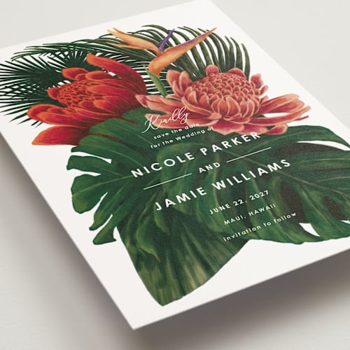 This is a basil petite save the dates with standard by Elly called tropical bouquet printing on signature in petite