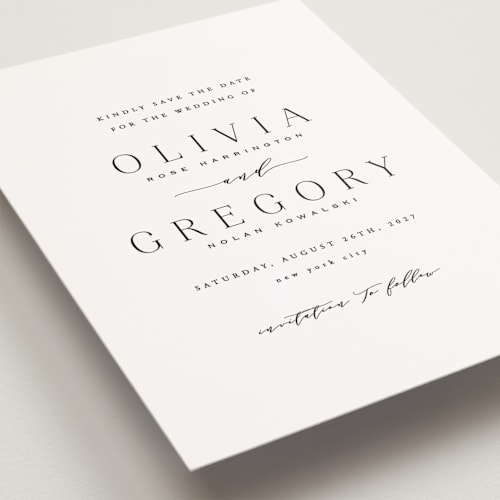 This is a lily petite save the dates with standard by Hooray Creative called classy type printing on signature in petite