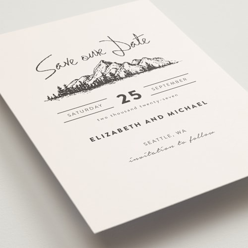 This is a ivory petite save the dates with standard by Anastasia Makarova called mountains printing on signature in petite