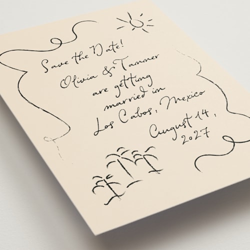 This is a sand petite save the dates with standard by Ashley Iwafuchi called sunny love printing on signature in petite