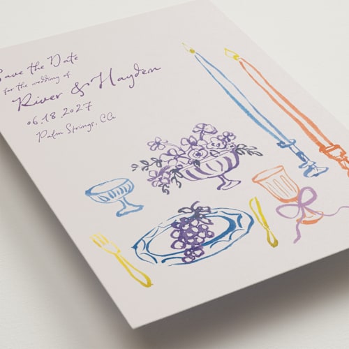 This is a hydrangea petite save the dates with standard by Cass Loh called tablescape drawing printing on signature in petite