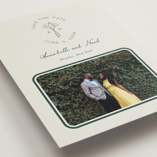 This is a sage save the date postcards with standard by Leah Bisch called pair of calla lilies printing on signature in postcard