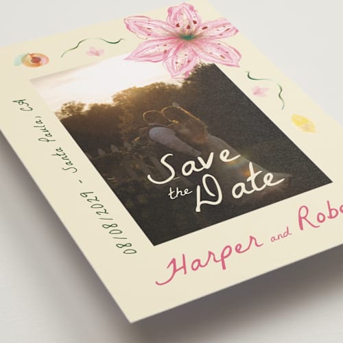 This is a blush save the date postcards with standard by Emily Miranda called romantic tropical wedding printing on signature in postcard