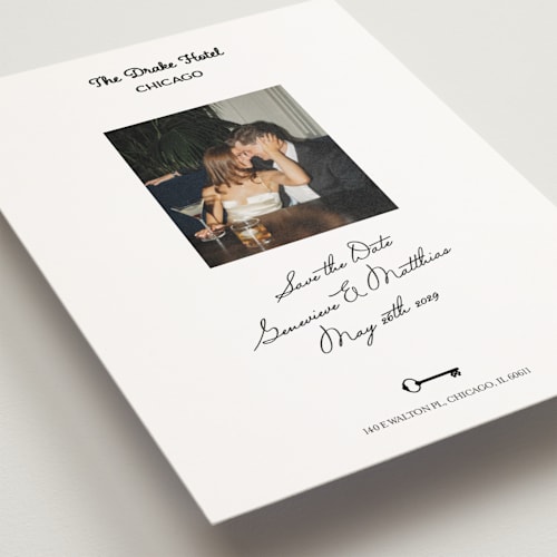 This is a ivory save the date postcards with standard by Studio Suku called hotel printing on signature in postcard