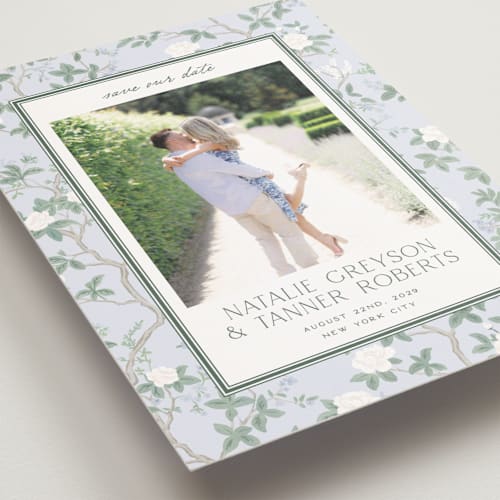 This is a garden save the date postcards with standard by Jenna Holcomb called chinoiserie printing on signature in postcard