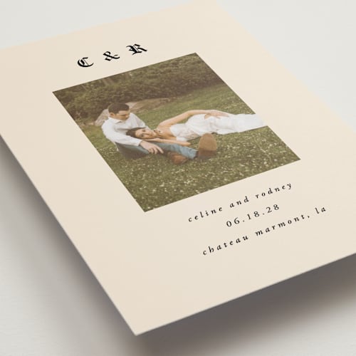 This is a ecru save the date postcards with standard by AK Graphics called marmont printing on signature in postcard