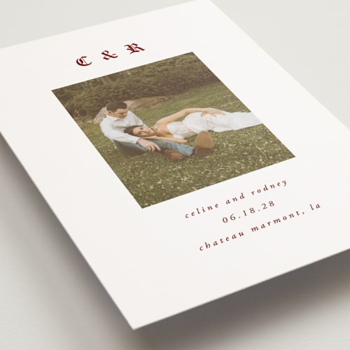 This is a crimson save the date postcards with standard by AK Graphics called marmont printing on signature in postcard