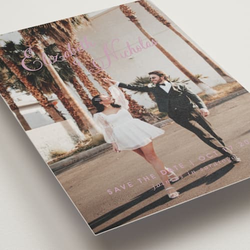 This is a lilac dreams save the date postcards with standard by Design Lotus called lavender dreams printing on signature in postcard