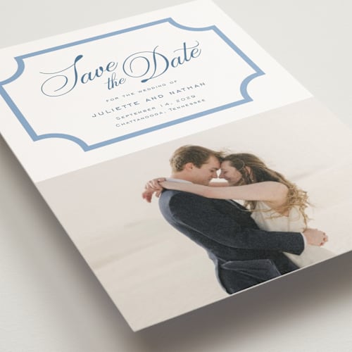 This is a bluebell save the date postcards with standard by Jessica Williams called marenza printing on signature in postcard