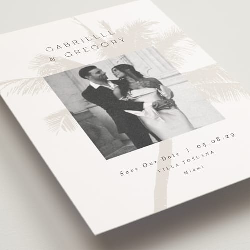 This is a ecru save the date postcards with standard by AK Graphics called palm printing on signature in postcard