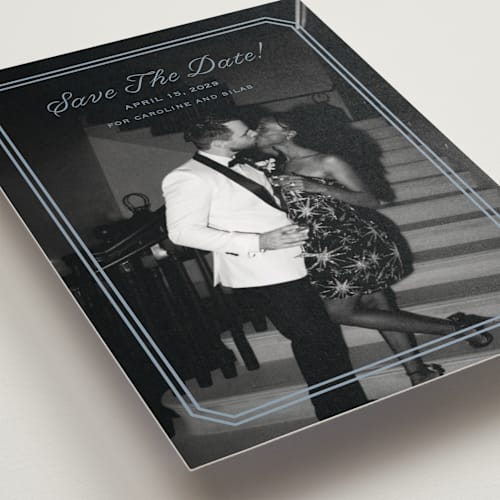 This is a french blue save the date postcards with standard by Carolyn MacLaren called bevel monogram printing on signature in postcard