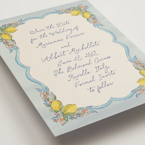 This is a aqua save the date postcards with standard by Chris Griffith called amalfi coast wedding printing on signature in postcard
