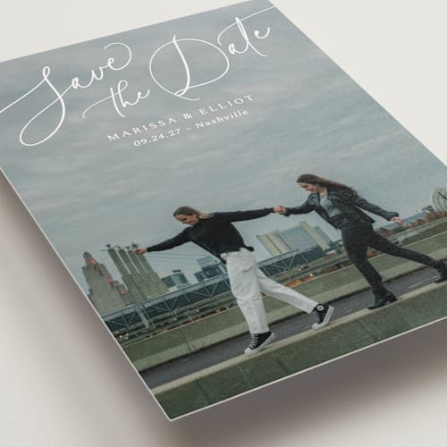 This is a pearl save the date postcards with standard by Kaydi Bishop called on the horizon printing on signature in postcard