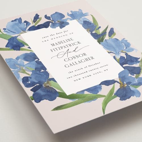 This is a natural save the date postcards with standard by Everett Paper Goods called irises printing on signature in postcard