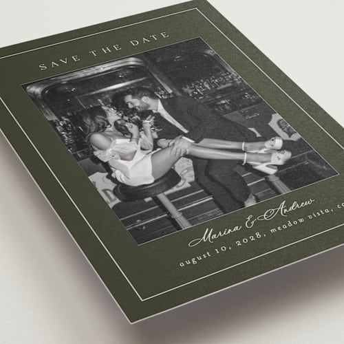 This is a olive save the date postcards with standard by Nicole Walsh called refined printing on signature in postcard