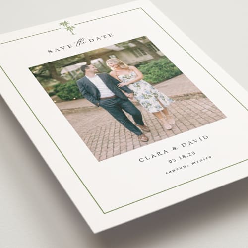 This is a leaf save the date postcards with standard by Olivia Raufman called palm monogram printing on signature in postcard
