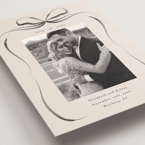This is a tuxedo save the date postcards with standard by Corinne Malesic called bow printing on signature in postcard