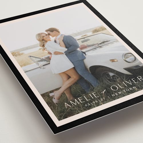 This is a onyx save the date postcards with standard by Angela Thompson called picturesque printing on signature in postcard