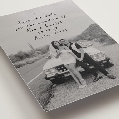 This is a noir save the date postcards with standard by Olivia Raufman called noted printing on signature in postcard