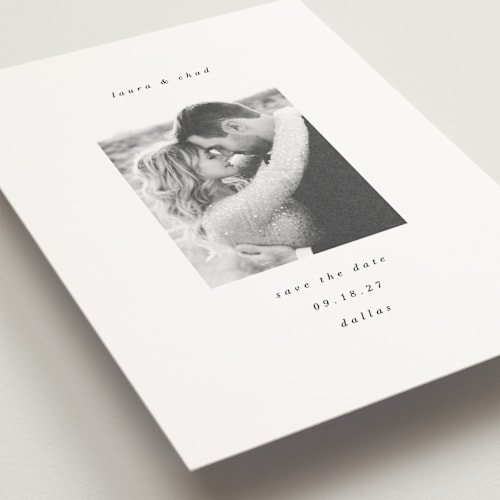 This is a snow save the date postcards with standard by AK Graphics called understated elegance printing on signature in postcard
