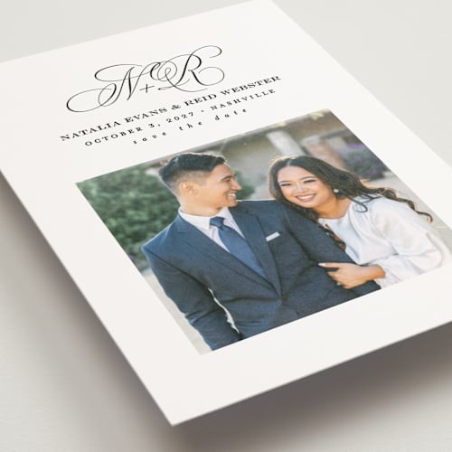 This is a newspaper save the date postcards with standard by Lea Delaveris called elegant initials printing on signature in postcard